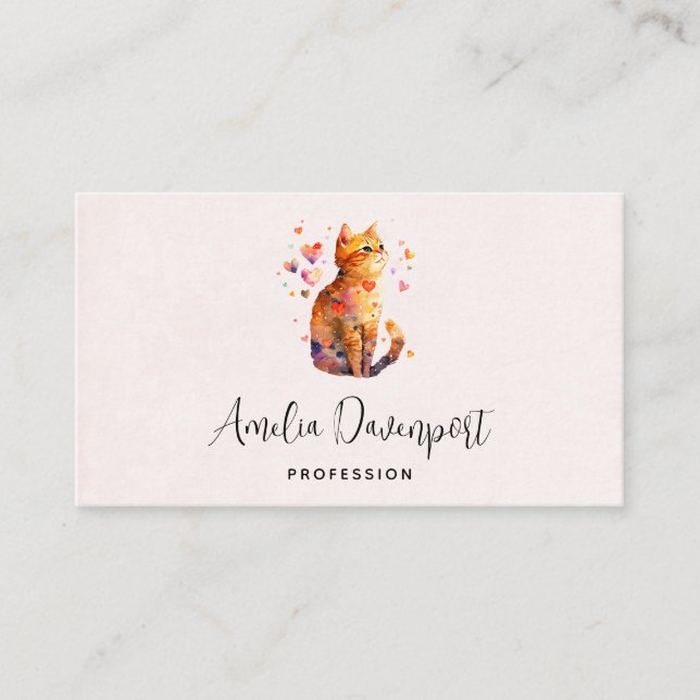 Cute Tabby Cat with Hearts Business Card (Front)