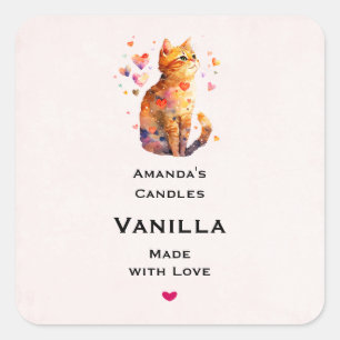 Cute Tabby Cat with Hearts Candle Craft Square Sticker