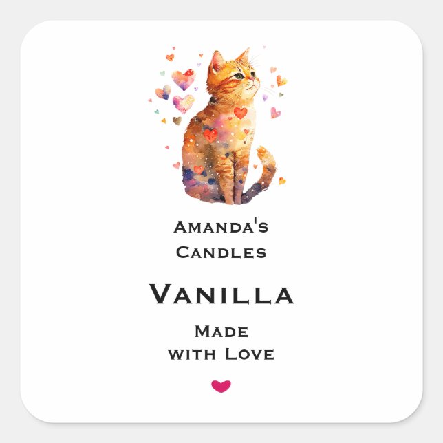 Cute Tabby Cat with Hearts Candle Craft Square Sticker (Front)