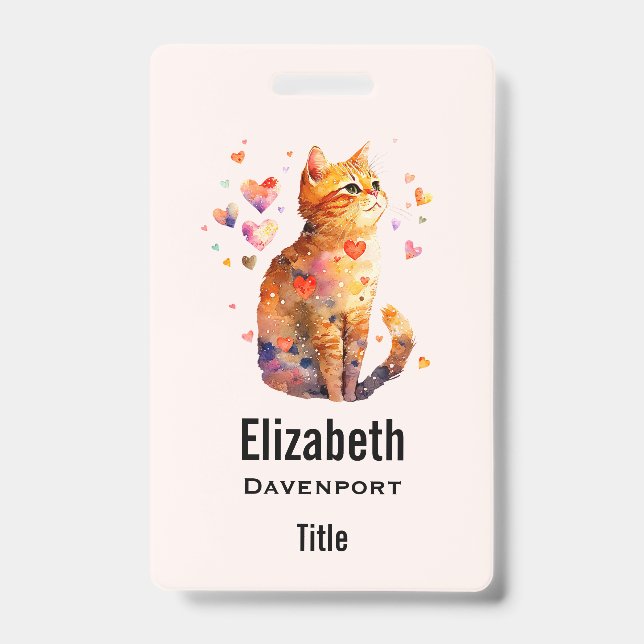 Cute Tabby Cat with Hearts ID Badge (Front)