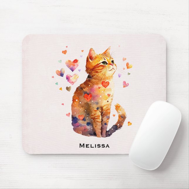 Cute Tabby Cat with Hearts Mouse Mat (With Mouse)