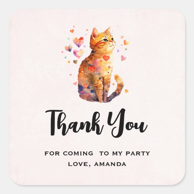 Cute Tabby Cat with Hearts Party Thank You Square Sticker (Front)