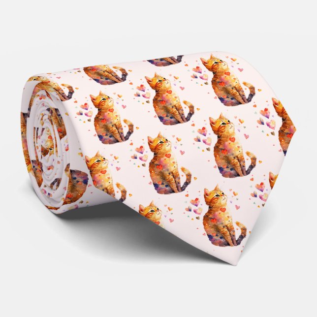 Cute Tabby Cat with Hearts Pattern Tie (Rolled)