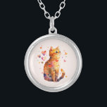 Cute Tabby Cat with Hearts Silver Plated Necklace<br><div class="desc">A necklace with an adorable watercolor illustration. An orange tabby cat looking friendly and happy with hearts swirling around.</div>