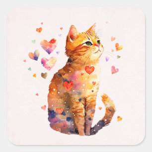 Cute Tabby Cat with Hearts Square Sticker