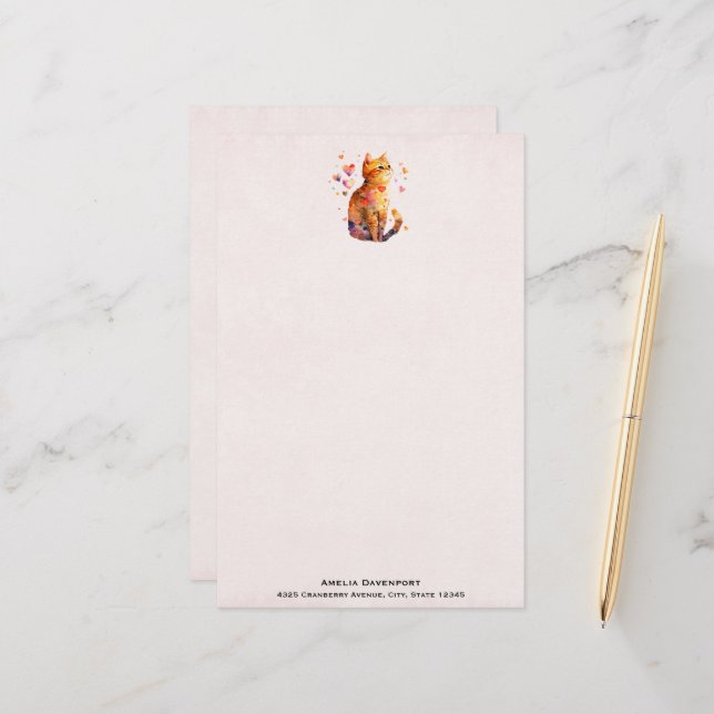 Cute Tabby Cat with Hearts Stationery (Front/Back In Situ)
