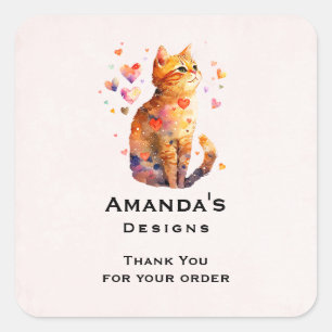 Cute Tabby Cat with Hearts Thank You Business Square Sticker