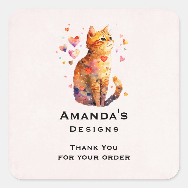  Cute Tabby Cat with Hearts Thank You Business Square Sticker (Front)