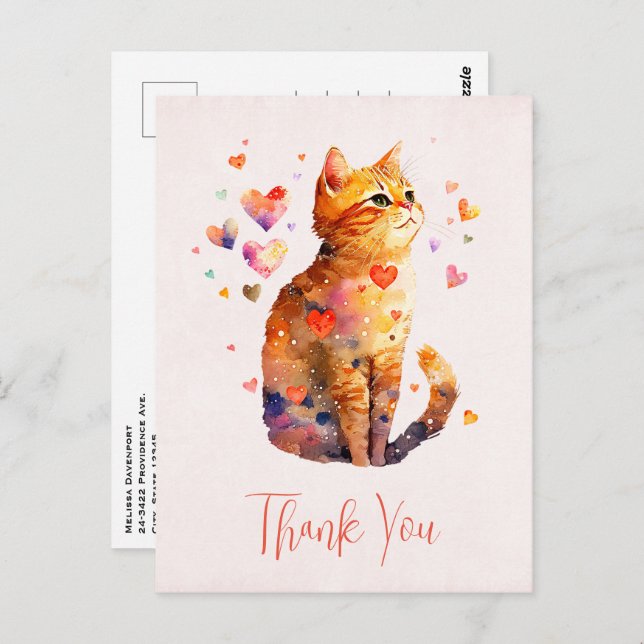  Cute Tabby Cat with Hearts Thank You Postcard (Front/Back)