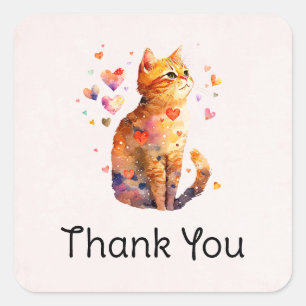Cute Tabby Cat with Hearts Thank You Square Sticker