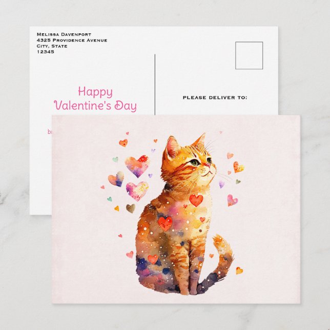Cute Tabby Cat with Hearts Valentine's Day Holiday Postcard (Front/Back)