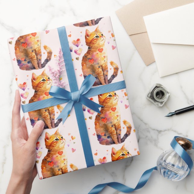 Cute Tabby Cat with Hearts Wrapping Paper (Gifting)