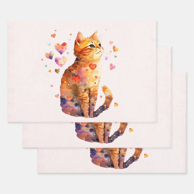 Cute Tabby Cat with Hearts Wrapping Paper Sheet (Set)