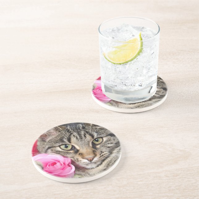 Cute Tabby Cat With Rose Coaster (Side)