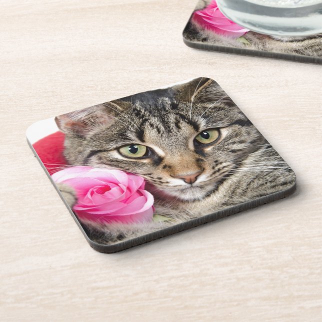 Cute Tabby Cat With Rose Coaster (Left Side)