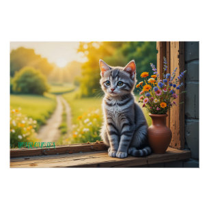 Cute Tabby Kitten by Window with Wildflowers Poster