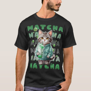 Cute Tabby Kitten in Hoodie drinking Matcha Green  T-Shirt