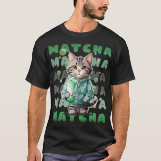 Cute Tabby Kitten in Hoodie drinking Matcha Green  T-Shirt