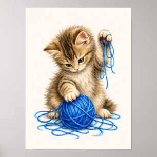Cute Tabby Kitten Playing with Blue Yarn Poster