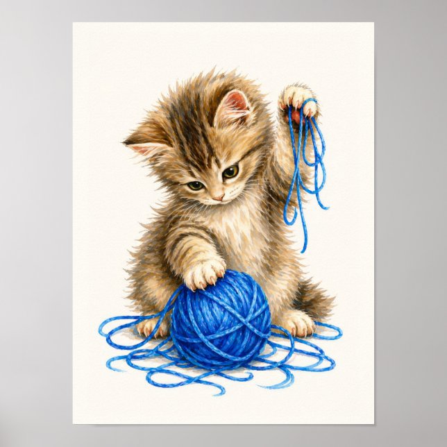 Cute Tabby Kitten Playing with Blue Yarn Poster (Front)