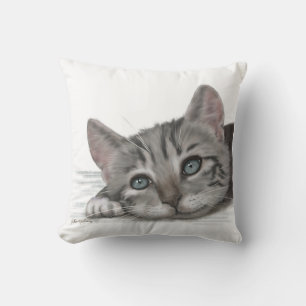 Cute Tabby Kitten Resting Cartoon Cushion