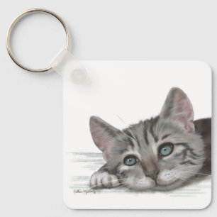 Cute Tabby Kitten Resting Cartoon Key Ring