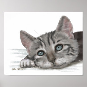  Cute Tabby Kitten Resting Cartoon Poster