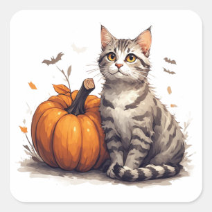 Cute Tabby Kitten With Pumpkin Halloween Fun 🎃 Square Sticker