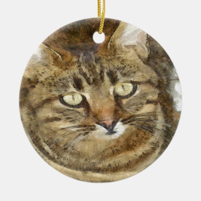 Cute Tabby Looking Up Pencil Sketch Ceramic Tree Decoration (Front)