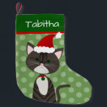 Cute Tabby Santa Cat Small Christmas Stocking<br><div class="desc">Create a personalised stocking for your cat or a cat lover. This design consists of a cute grey tabby cartoon cat with a Santa hat and Christmas colours with the ability to customise to your needs.  Original design by Night Owl's Menagerie,  2020.</div>
