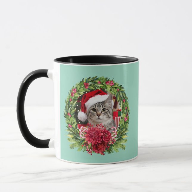 Cute Tabby Wreath Christmas Mug (Left)