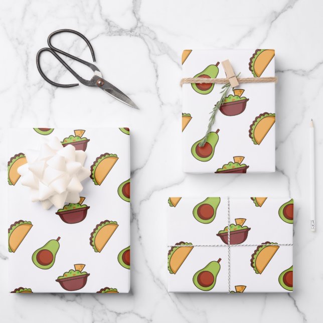 Cute Taco and Guacamole Pattern Wrapping Paper Sheet (Front)