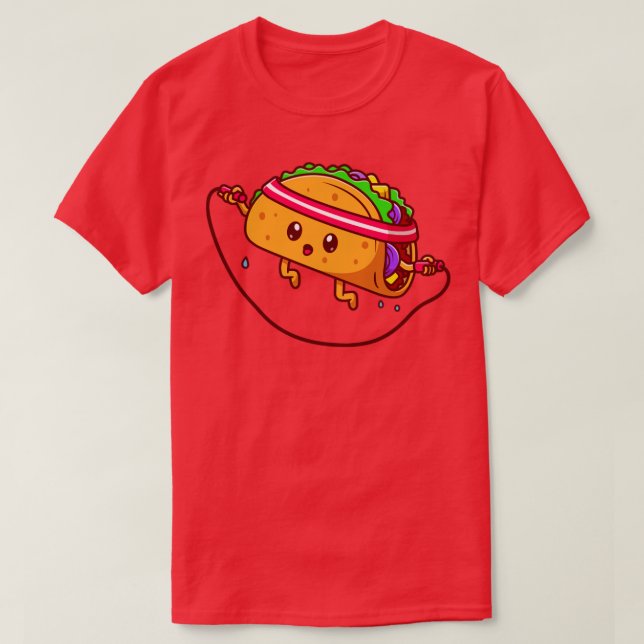 Cute Taco Playing Jump Rope Cartoon T-Shirt (Design Front)