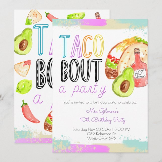 Cute taco theme feista kid birthday invite (Front/Back)