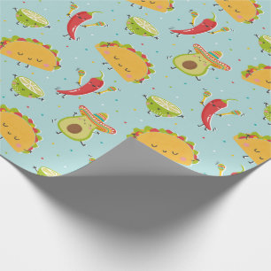 Cute Taco's Avocado Chili Lime Party Blue Wrapping Paper