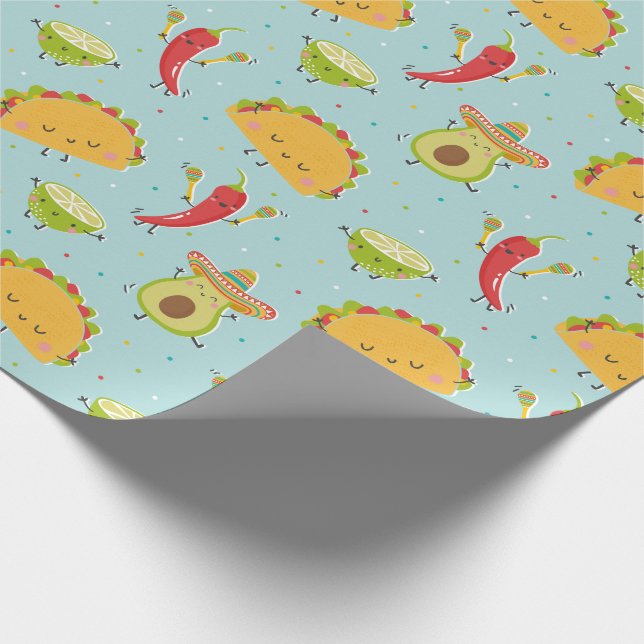Cute Taco's Avocado Chilli Lime Party Blue  Wrapping Paper (Corner)