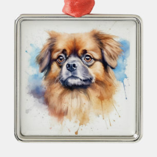 CUTE TAN AND BROWN TIBETAN SPANIEL DOG METAL TREE DECORATION