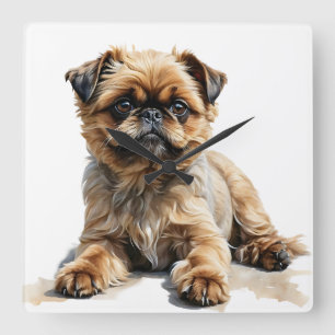 CUTE TAN & BLACK BRUSSELS GRIFFON DOG SQUARE WALL CLOCK