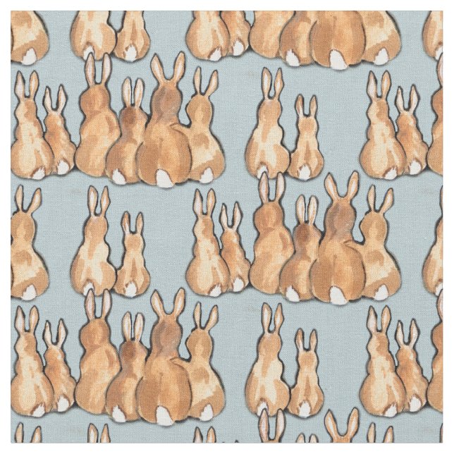 Cute Tan Bunny Rabbits on Blue Background Rustic Fabric (Close Up)