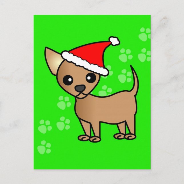 Cute Tan Chihuahua Cartoon Santa Hat Holiday Postcard (Front)