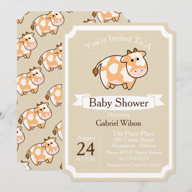 Cute Tan Cow Calf & White Ribbon Baby Shower Invitation (Front/Back)