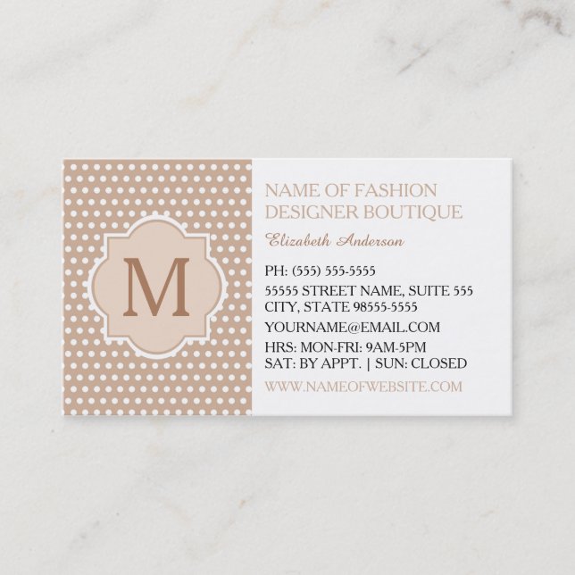 Cute Tan Polka Dots With Girly Monogram Boutique Business Card (Front)