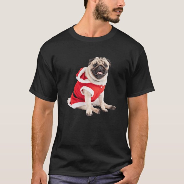 Cute Tan Pug Santa Hat Costume Image Christmas Dog T-Shirt (Front)