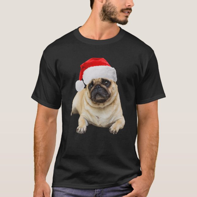Cute Tan Pug Santa Hat Image Christmas Dog Pug T-Shirt (Front)