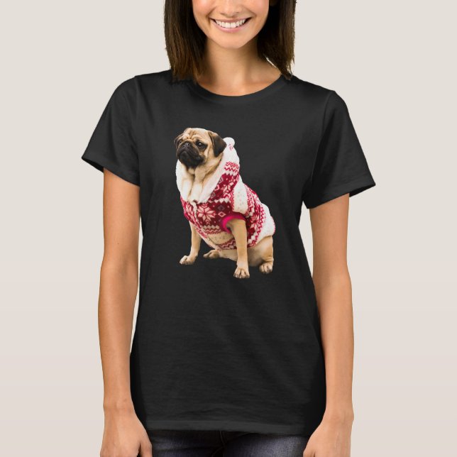 Cute Tan Pug Santa Hat Image Christmas Red Sweater (Front)