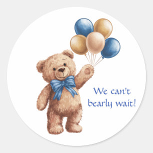 Cute Tan Teddy Bear with Balloons Boy Baby Shower Classic Round Sticker