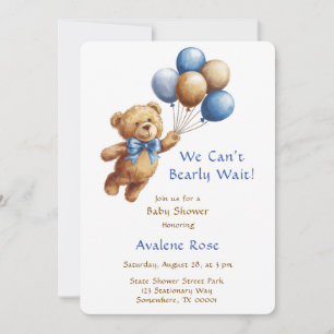Cute Tan Teddy Bear with Balloons Boy Baby Shower Invitation