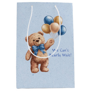 Cute Tan Teddy Bear with Balloons Boy Baby Shower Medium Gift Bag