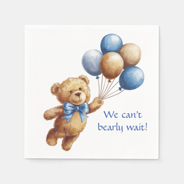 Cute Tan Teddy Bear with Balloons Boy Baby Shower Napkin (Front)