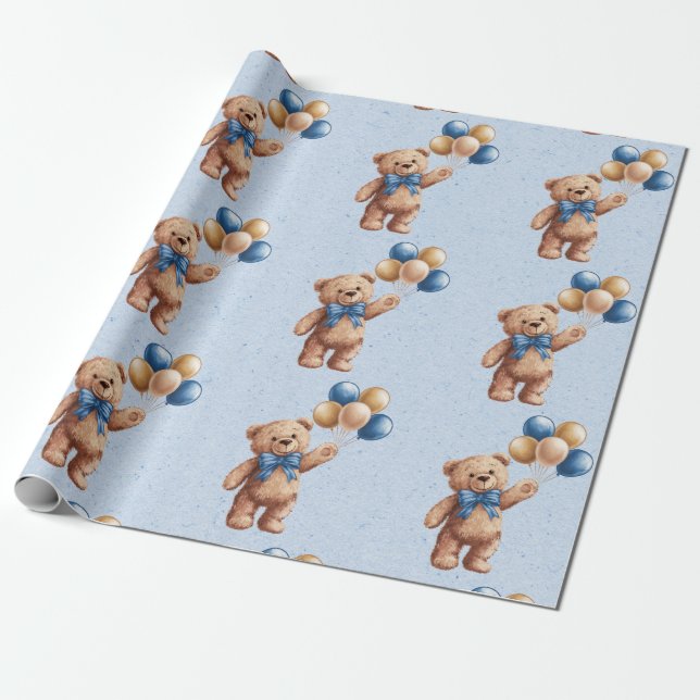 Cute Tan Teddy Bear with Balloons Boy Baby Shower Wrapping Paper (Unrolled)